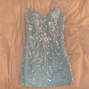 Blue Sequin Embellished Spaghetti Strap Dress